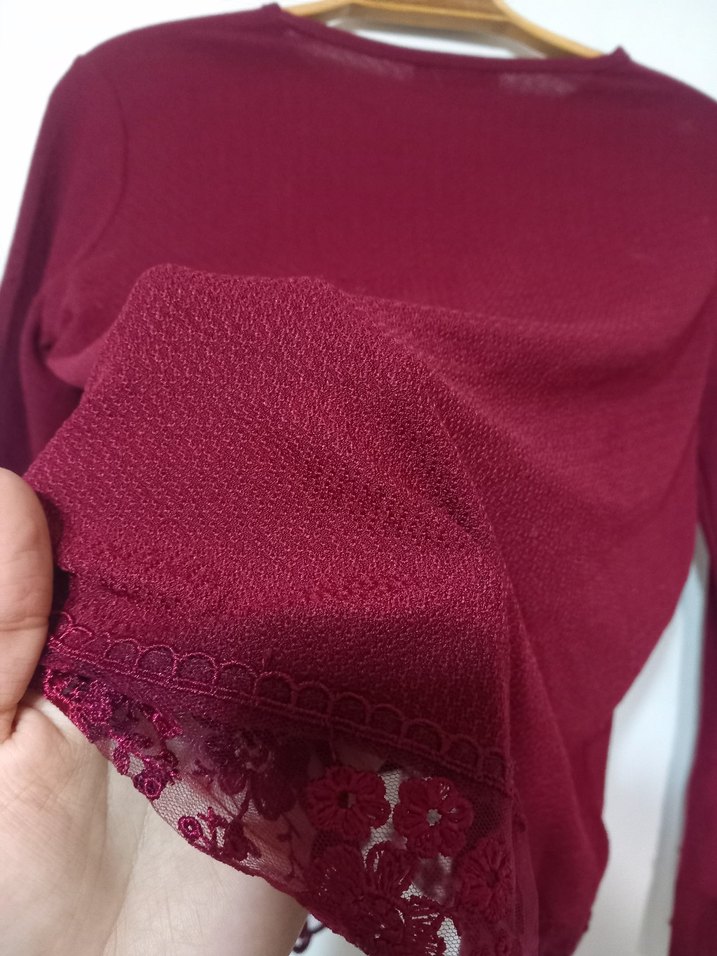 Bordo Dantel Detaylı Bohem Kadın Bluz - Görsel 3