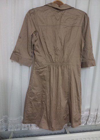 Düğmeli Bej Mini Keten Kadın Elbise - Görsel 2