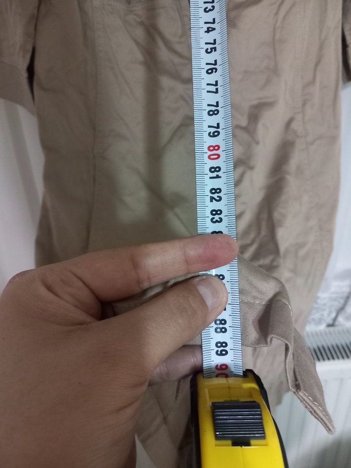 Düğmeli Bej Mini Keten Kadın Elbise - Görsel 5