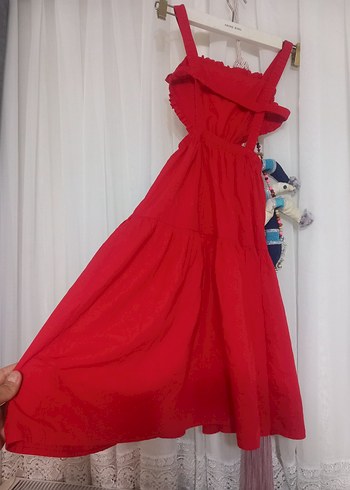 Kırmızı Fırfırlı Uzun Bohem Elbise - Görsel 3