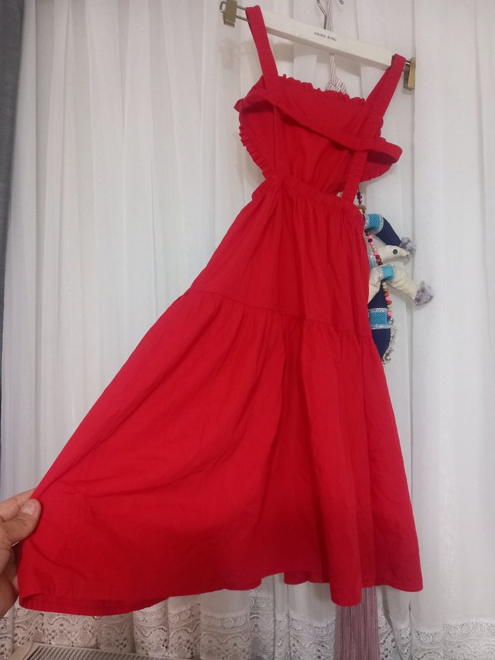 Kırmızı Fırfırlı Uzun Bohem Elbise - Görsel 3