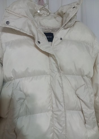 Beyaz Kadın Puff Mont, Midi Boy, Sokak Stili - Görsel 2