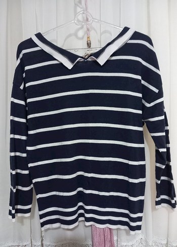 Çizgili Yaka Detaylı Lacivert Triko Kazak - Görsel 2