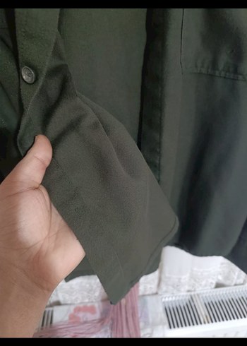 Kadın Haki Düğmeli Uzun Kollu Keten Gömlek - Görsel 3