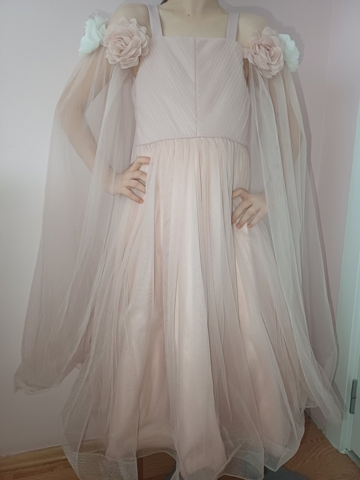 Kız Çocuk Bej Straplez Drapeli Elbise toz pembe - Görsel 3