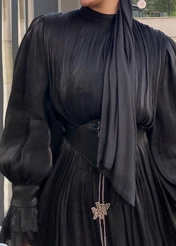 Uzun Siyah Gotik Deri Elbise şal hediye - Görsel 3