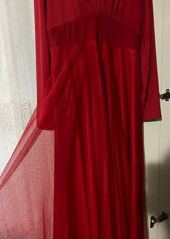 Klasik Zarif Kırmızı Uzun Kollu Uzun Elbise 38-42 - Görsel 5