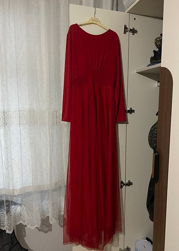 Klasik Zarif Kırmızı Uzun Kollu Uzun Elbise 38-42 - Görsel 4