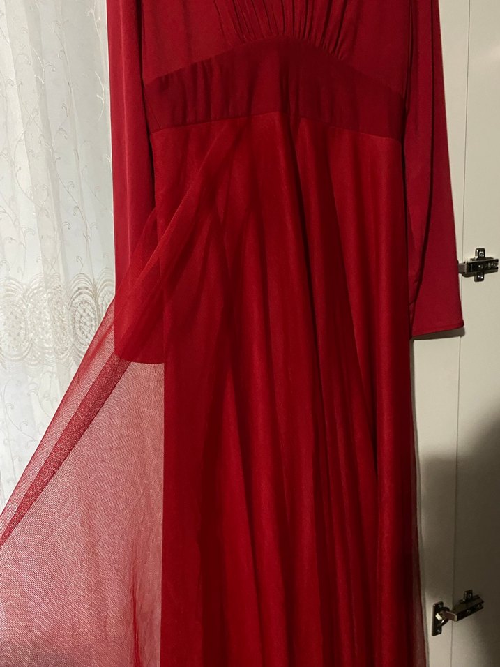 Klasik Zarif Kırmızı Uzun Kollu Uzun Elbise 38-42 - Görsel 5