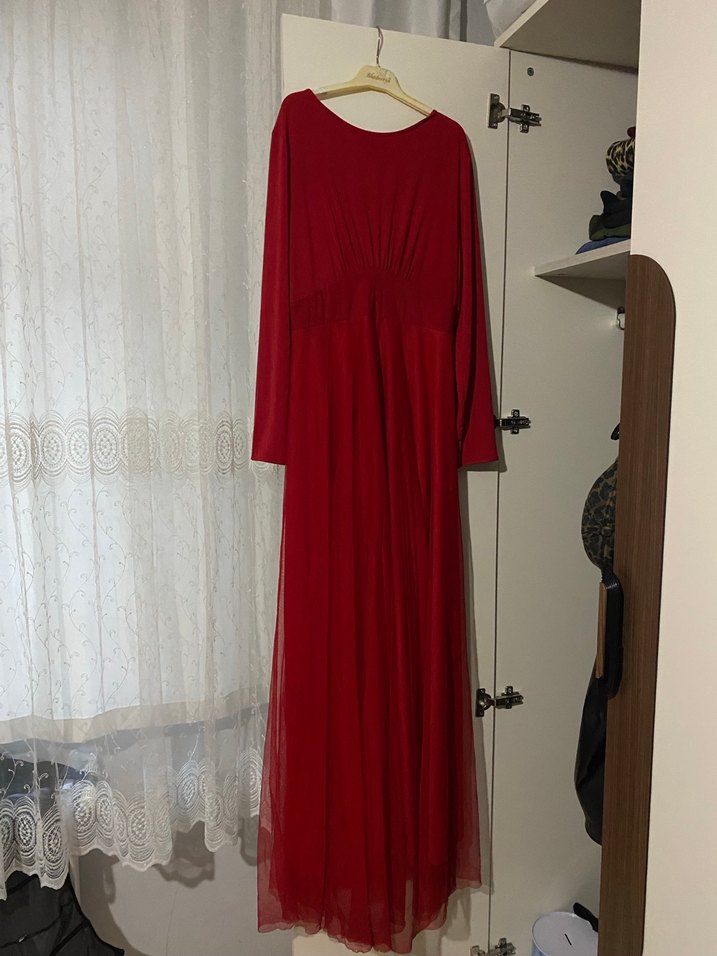 Klasik Zarif Kırmızı Uzun Kollu Uzun Elbise 38-42 - Görsel 4
