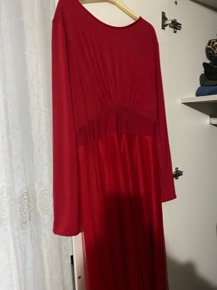 Klasik Zarif Kırmızı Uzun Kollu Uzun Elbise 38-42 - Görsel 3