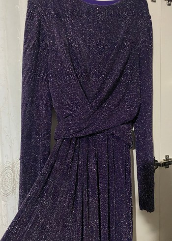 Uzun Kollu Mor Drapeli Kadın Abiye Elbise 40-44 bedene olur - Görsel 4