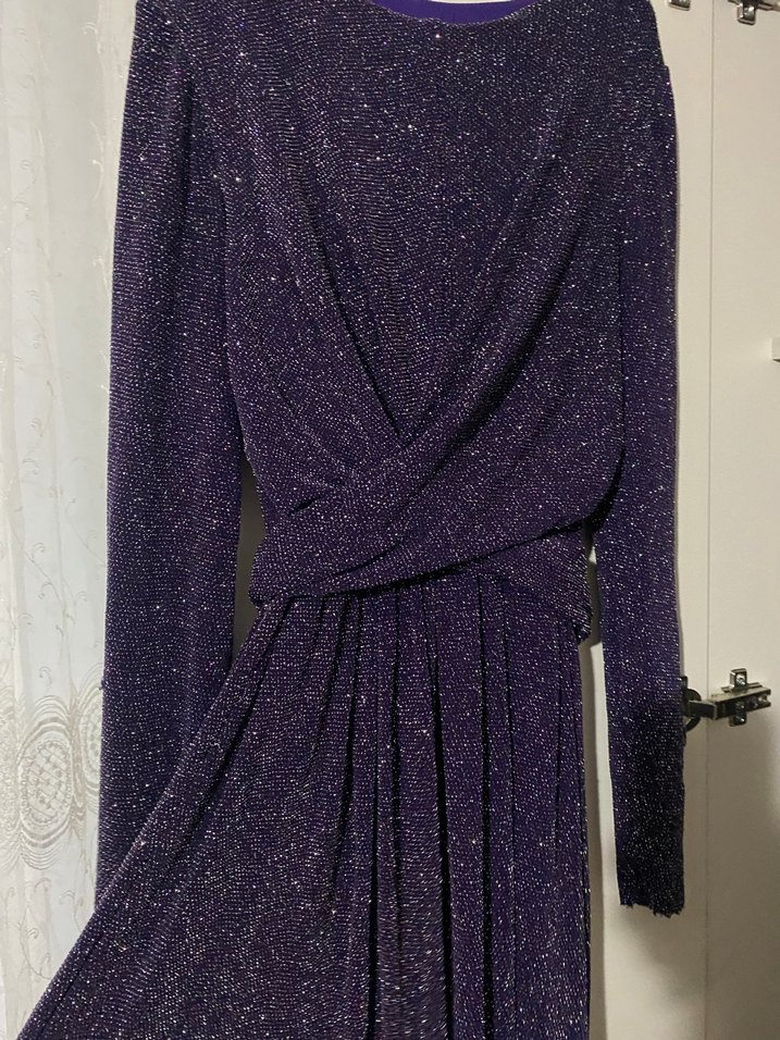 Uzun Kollu Mor Drapeli Kadın Abiye Elbise 40-44 bedene olur - Görsel 4