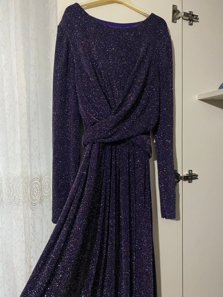 Uzun Kollu Mor Drapeli Kadın Abiye Elbise 40-44 bedene olur - Görsel 3