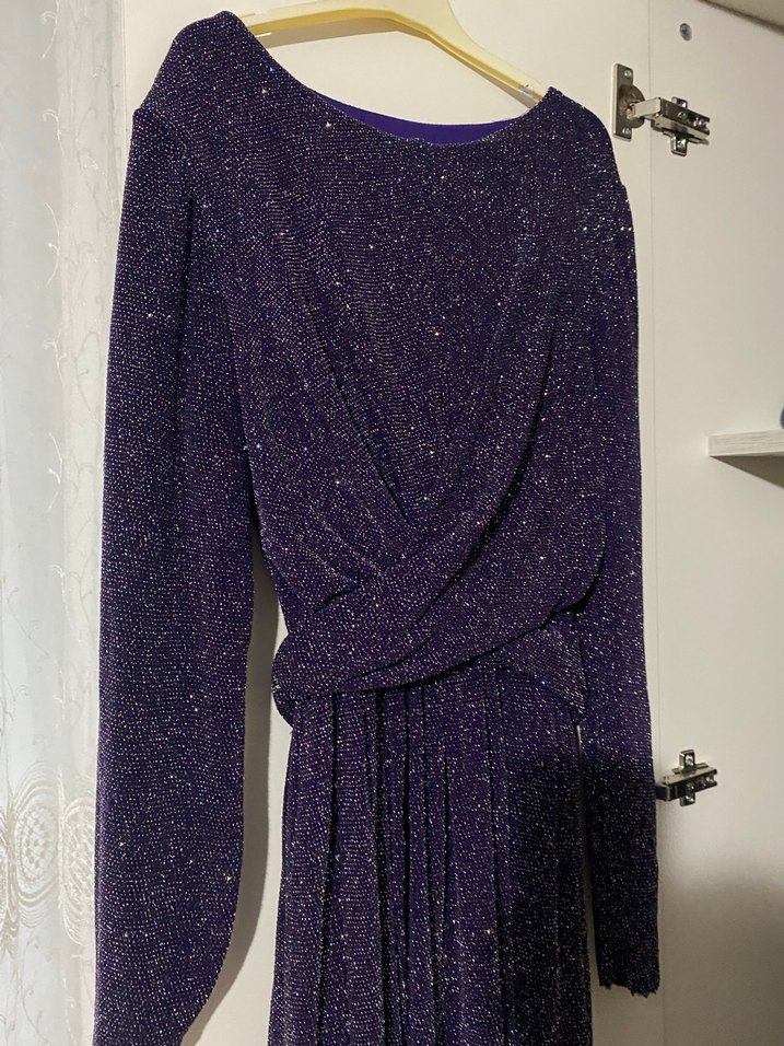 Uzun Kollu Mor Drapeli Kadın Abiye Elbise 40-44 bedene olur - Görsel 5