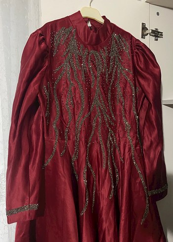 Bordo Nakışlı Vintage Uzun kına Abiyesi 40-42 - Görsel 4