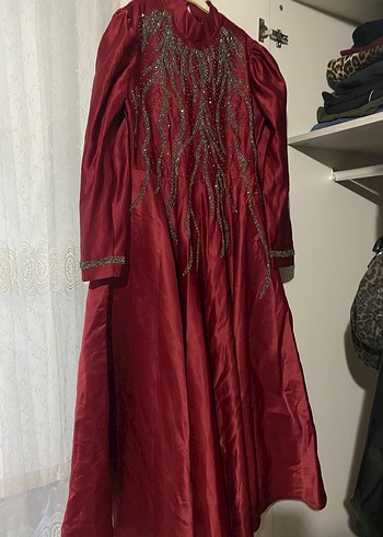 Bordo Nakışlı Vintage Uzun kına Abiyesi 40-42 - Görsel 6