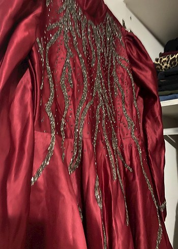 Bordo Nakışlı Vintage Uzun kına Abiyesi 40-42 - Görsel 3