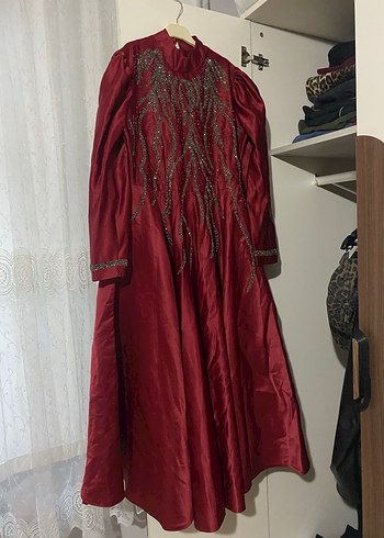 Bordo Nakışlı Vintage Uzun kına Abiyesi 40-42 - Görsel 5