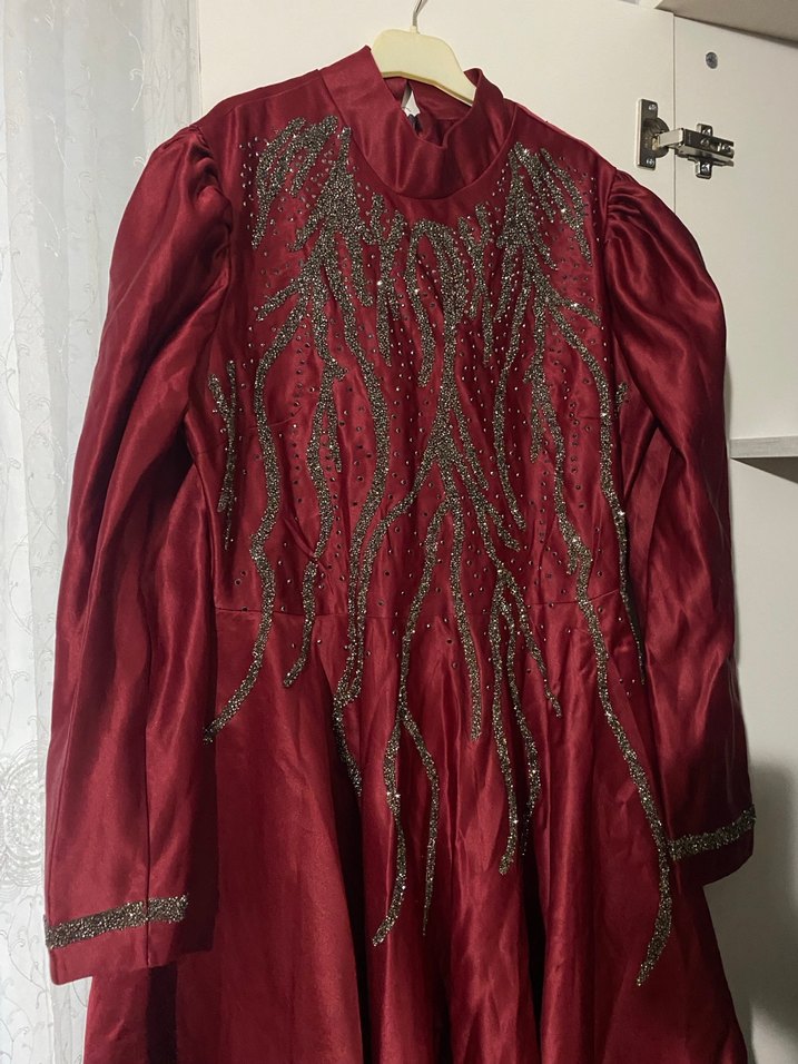 Bordo Nakışlı Vintage Uzun kına Abiyesi 40-42 - Görsel 4