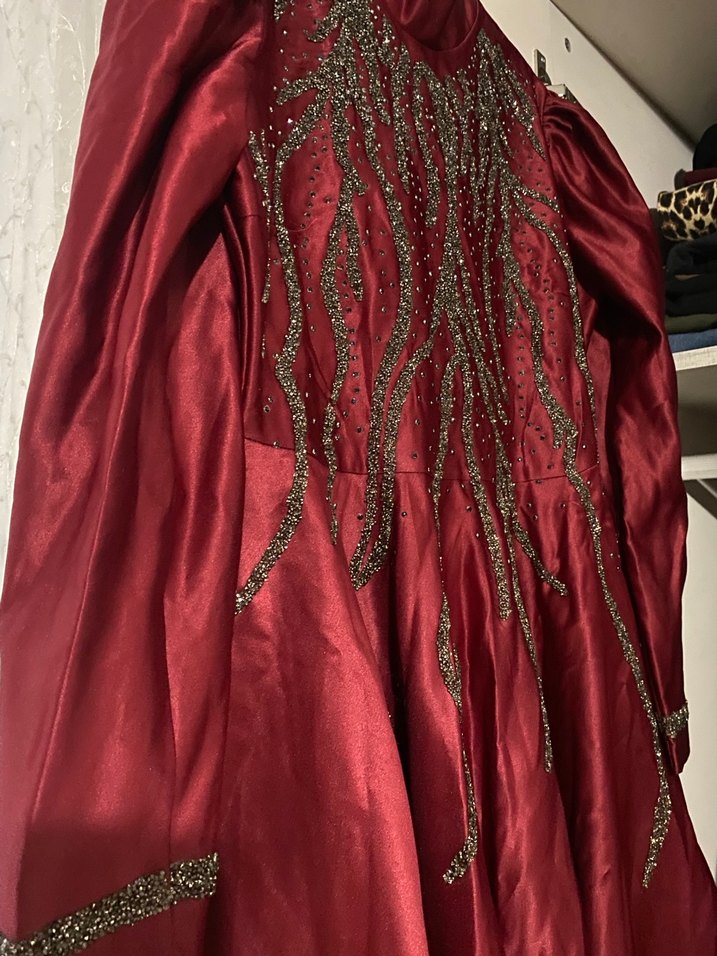 Bordo Nakışlı Vintage Uzun kına Abiyesi 40-42 - Görsel 2