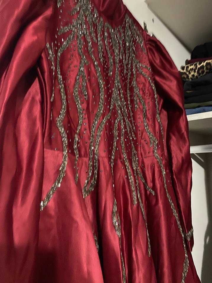 Bordo Nakışlı Vintage Uzun kına Abiyesi 40-42 - Görsel 3