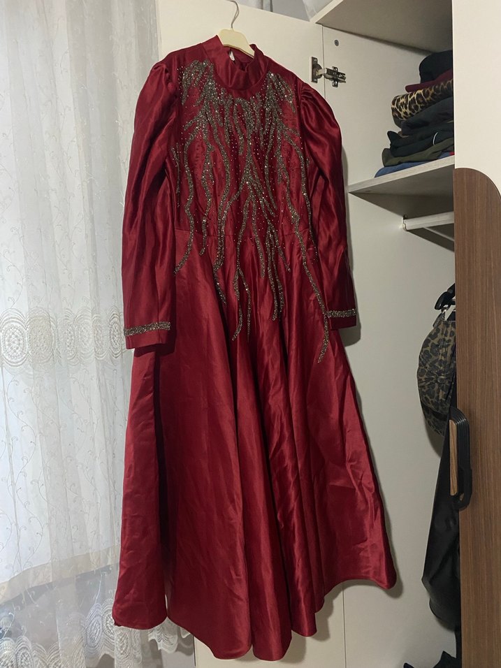 Bordo Nakışlı Vintage Uzun kına Abiyesi 40-42 - Görsel 5