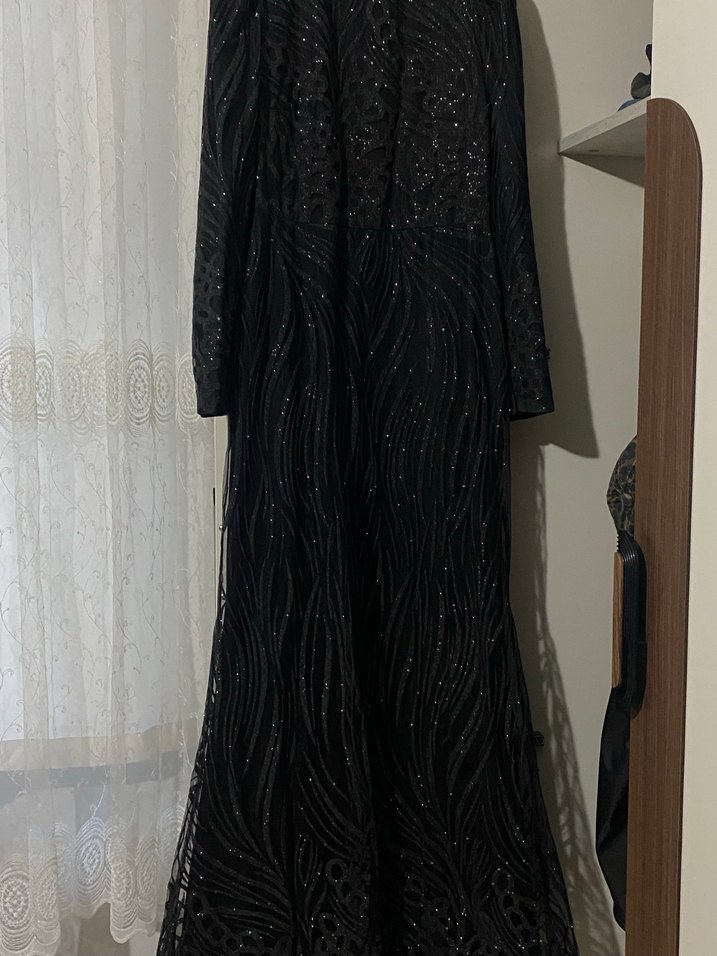 Siyah Drapeli Uzun Kollu Gotik Abiye Elbise 38-40 - Görsel 5