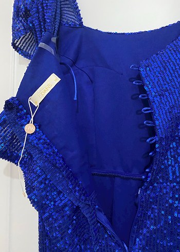 Mavi Parlak Drapeli Uzun Kadın Abiye Elbise - Görsel 5