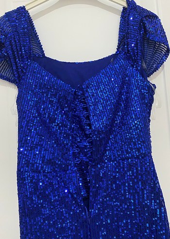 Mavi Parlak Drapeli Uzun Kadın Abiye Elbise - Görsel 2