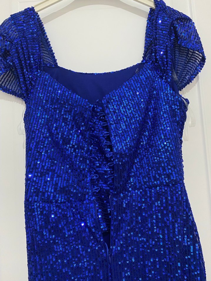 Mavi Parlak Drapeli Uzun Kadın Abiye Elbise - Görsel 2