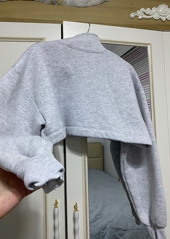 Gri Fermuarlı crop Sweatshirt - Görsel 5