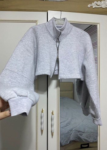 Gri Fermuarlı crop Sweatshirt - Görsel 3