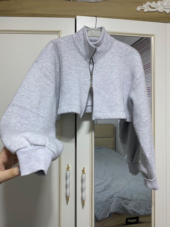 Gri Fermuarlı crop Sweatshirt - Görsel 3