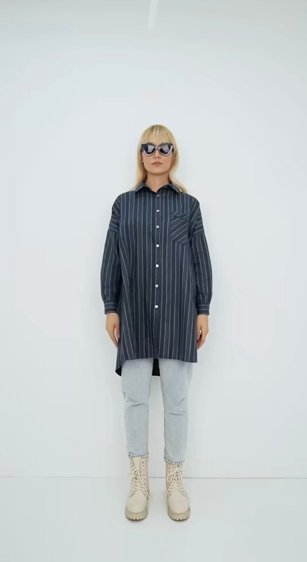Kadın Çizgili Oduncu Gömlek - Görsel 3