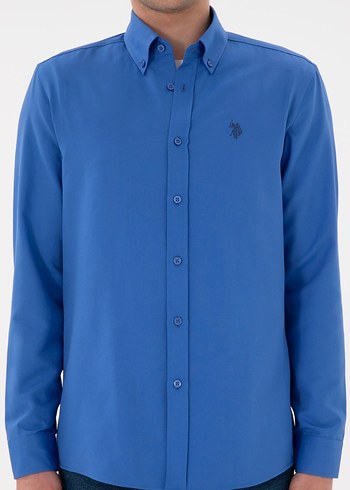 İndigo Düğmeli Uzun Kollu Erkek Gömlek - Görsel 2