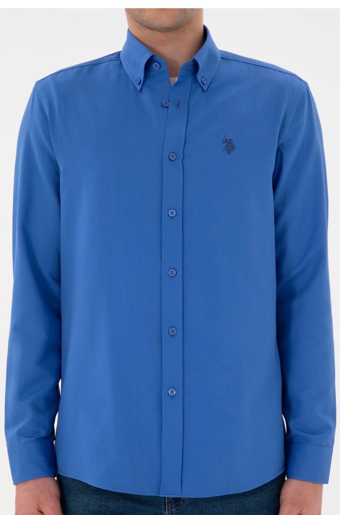 İndigo Düğmeli Uzun Kollu Erkek Gömlek - Görsel 2