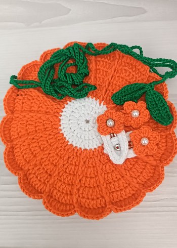 Turuncu Çiçek Desenli Örgü Çanta ve Toka Seti - Görsel 2