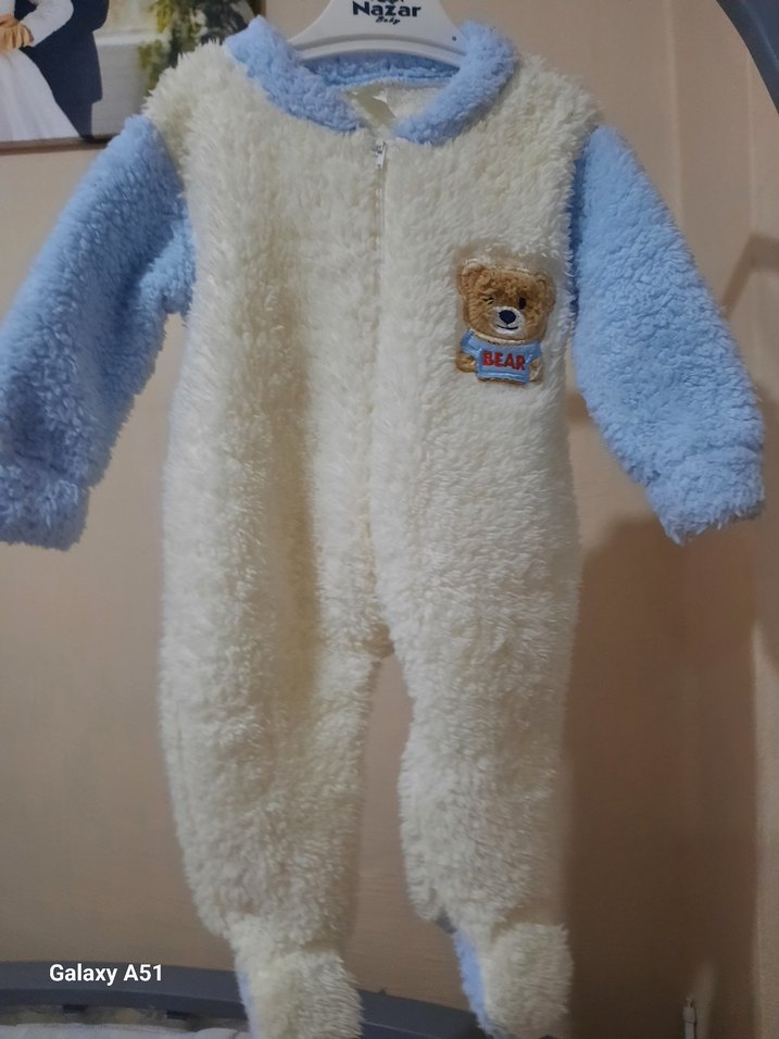 Bebek Erkek Beyaz Peluş Tulum Ayıcık Detaylı - Görsel 5