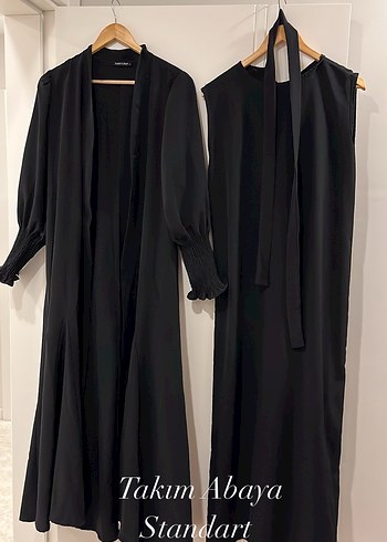 Siyah Uzun İpek Görünümlü Takım Abaya - Görsel 2