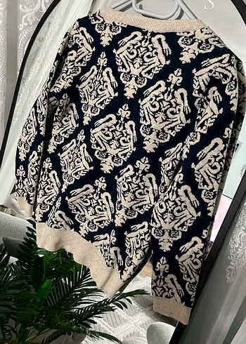 Desenli Gri Kadın Salaş Triko Hırka - Görsel 2