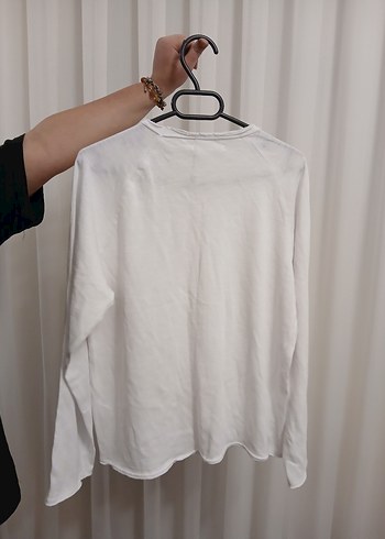 Beyaz Uzun Kollu Pamuklu Kadın Tişört - Görsel 3