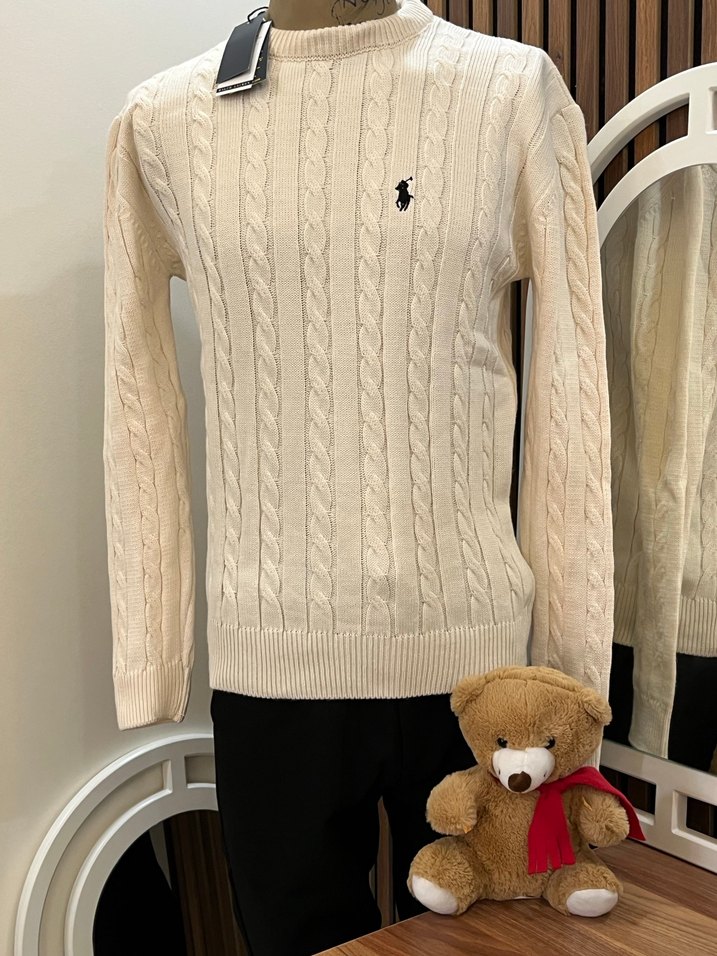 Beyaz Örgü Erkek Kazak - Görsel 2