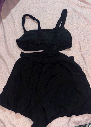 Siyah Mini Keten Askılı Tulum - Görsel 2