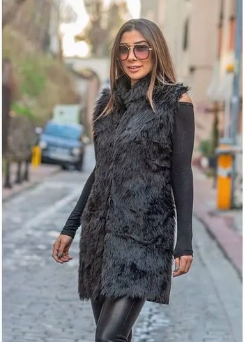 Siyah Kürk Detaylı Uzun Kadın Yelek - Görsel 4