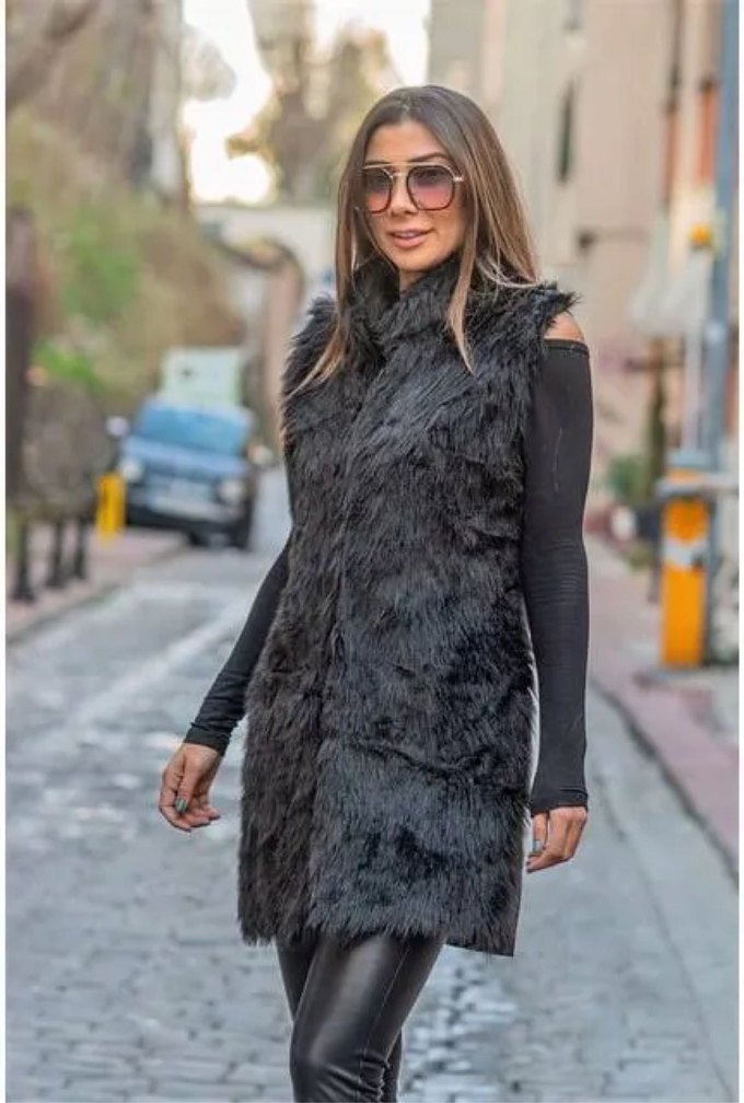 Siyah Kürk Detaylı Uzun Kadın Yelek - Görsel 4