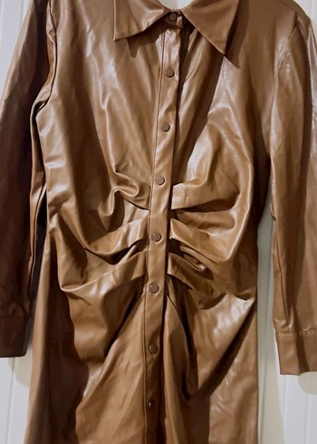 Düğmeli Kahverengi Kadın Deri Ceket - Görsel 2