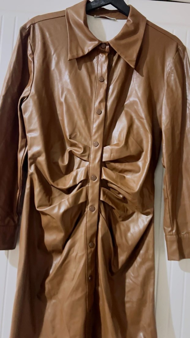 Düğmeli Kahverengi Kadın Deri Ceket - Görsel 2