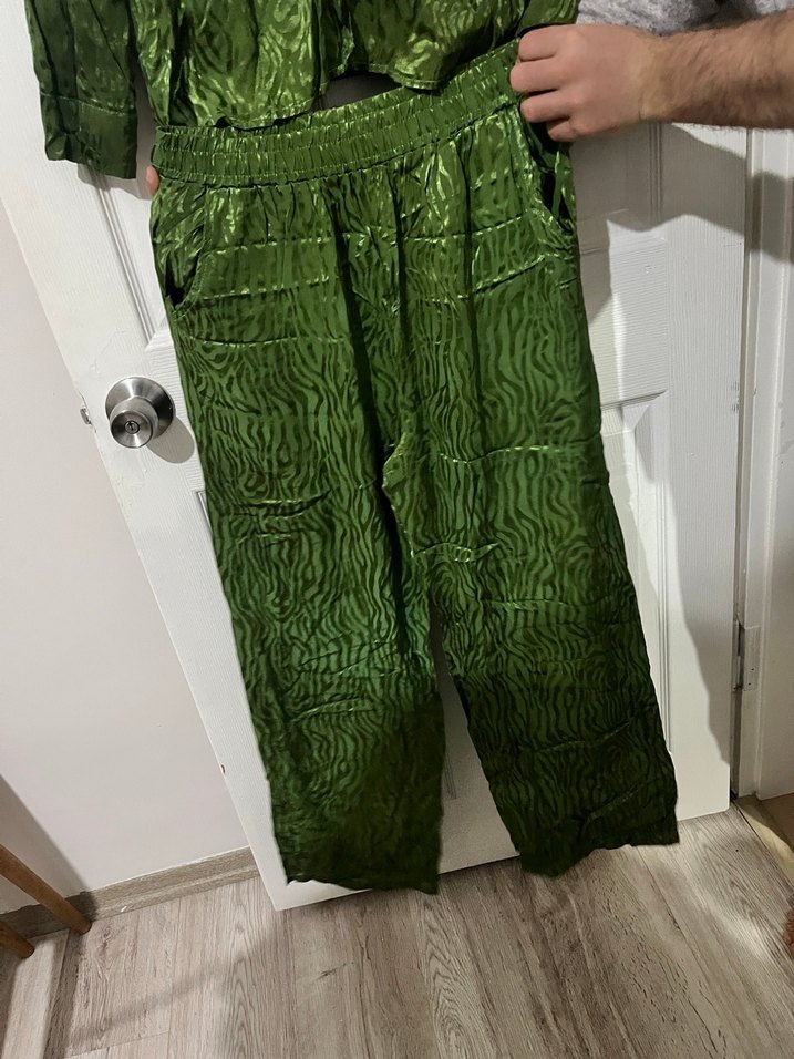 Yeşil Keten Midi Takım Düğmeli - Görsel 4