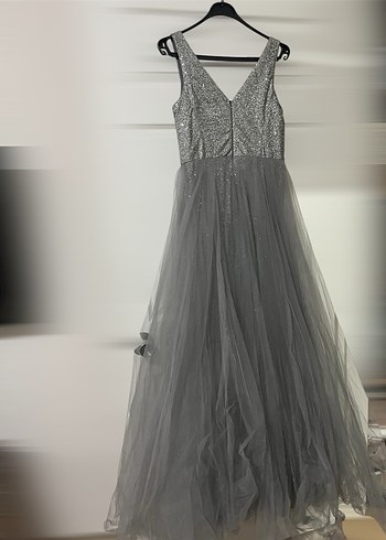 Gri Payetli Uzun V Yaka Abiye Elbise - Görsel 10